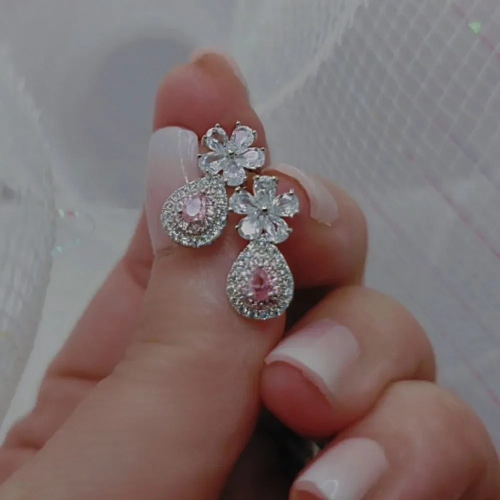 Pink Pear Cut & White Topaz Earrings 925 Sterling Silver
